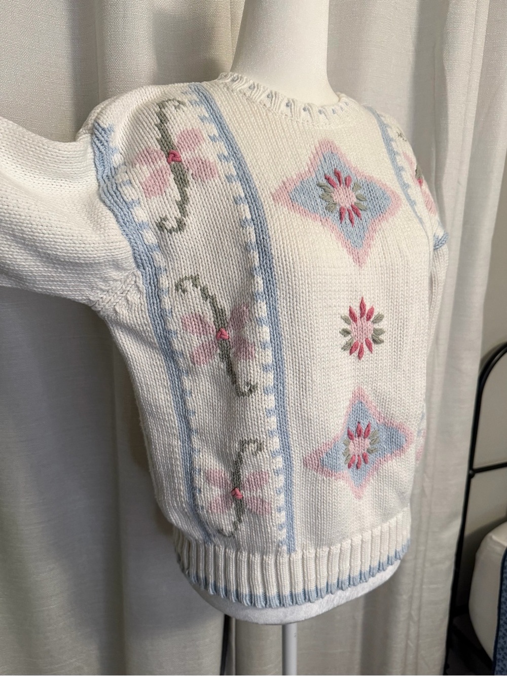 Vintage 80s 90s Lizwear Pastel Embroidered Cotton Knit Sweater M - Picture 3 of 8